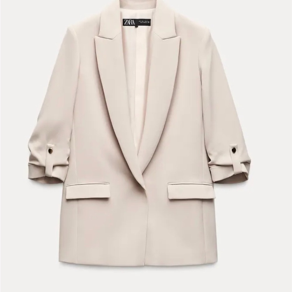 Zara Light Cream Notched Lapel Longline Blazer